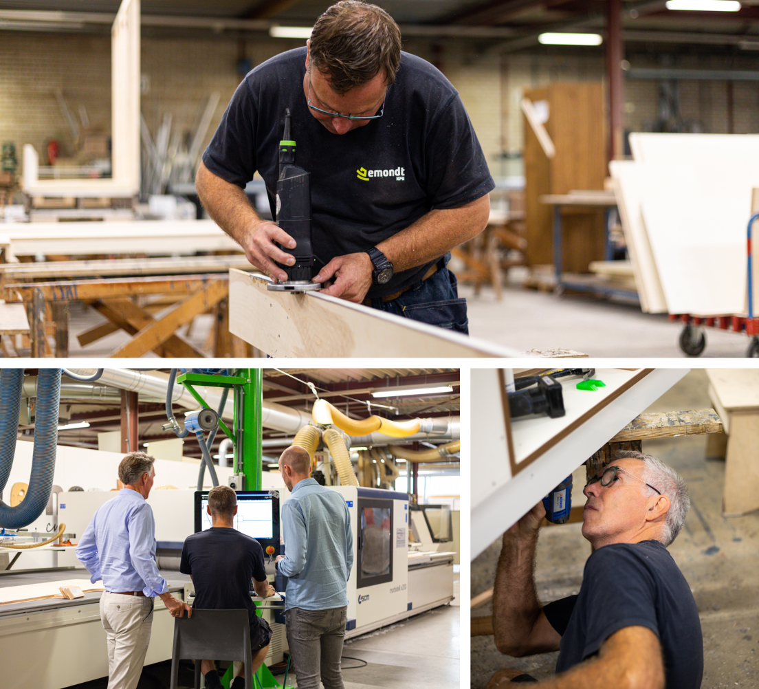 Drie foto's van interieurbouwers aan het werk