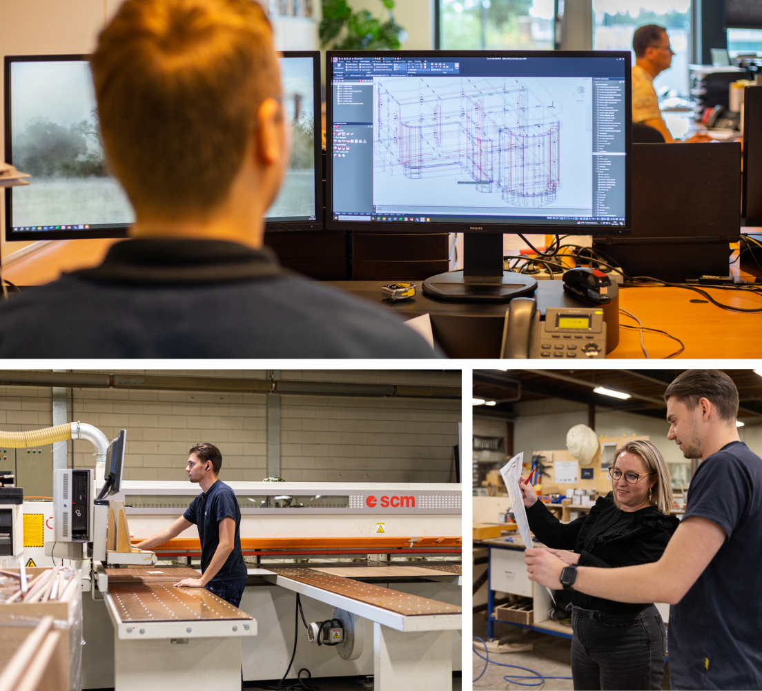Drie foto's van medewerkers aan het werk bij Emondt KMI